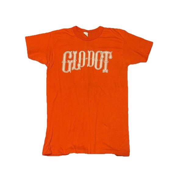 Vintage 70s/80s Glo Dot Graphic Print Short Sleeve T Shirt Orange Double Sided - Picture 1 of 5